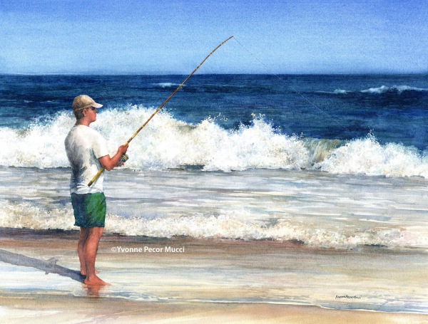 Surf Fishing Down The Shore (Framed 24 x 20) by Yvonne Pecor Mucci